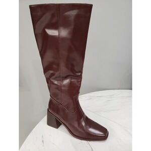 NEW SIZE 10 - MUCCCUTE Knee High Boots Women Square Toe Chunky Heel Burgundy